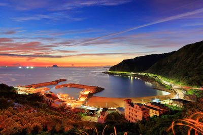 High angle view of sea against sky at sunset