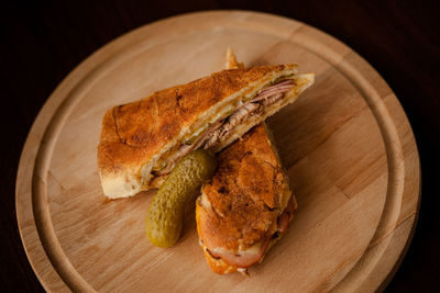 High angle view of bread on cutting board