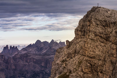 Scenic view of rocky mountains against cloudy sky