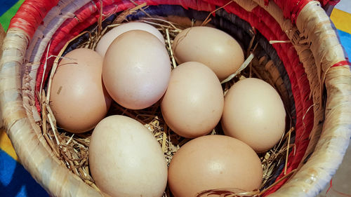 High angle view of eggs in basket