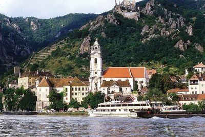 Scenic view of buildings by mountains in city