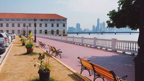 View of swimming pool against buildings in city