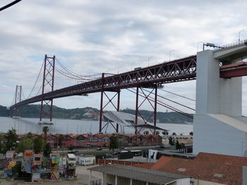 Bridge over river in city against cloudy sky