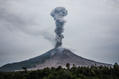 Smoke emitting from volcanic mountain against sky