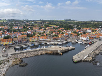 Aerial photo of allinge harbour and town, bornholm, denmark