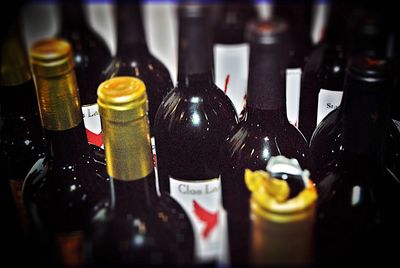 Close-up of wine bottles