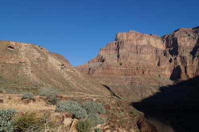 Scenic view of mountains against clear blue sky