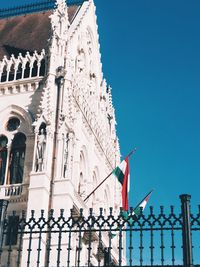 Low angle view of flags on building against sky