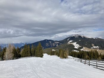 Scenic view of snow covered mountains against sky