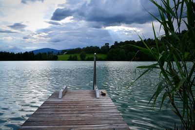 Pier over lake against sky