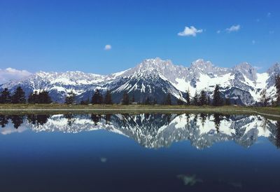 Scenic view of lake and snowcapped mountains against sky