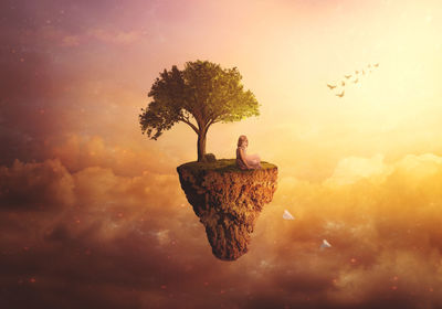 Digital composite image of man and tree against sky during sunset