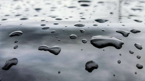 Close-up of water drops on metallic surface