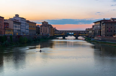 Bridge over river by buildings against sky during sunset