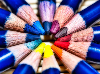 High angle view of multi colored pencils on table