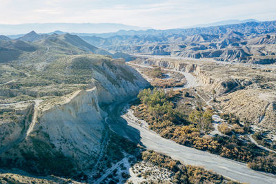 High angle view of mountains against sky