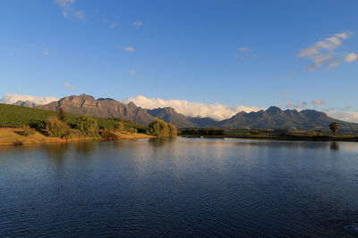 Scenic view of lake by mountains against sky