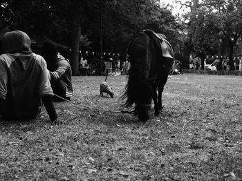 Rear view of man and woman in park