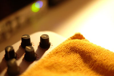 High angle view of napkin on sound mixer