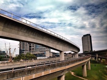 Bridge over river against cloudy sky