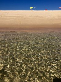 Calm sea against clear blue sky