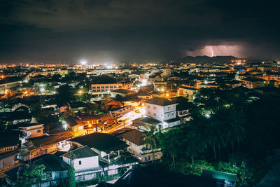 High angle view of illuminated cityscape against sky at night