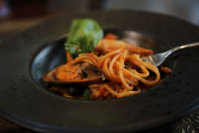 Close-up of noodles in plate