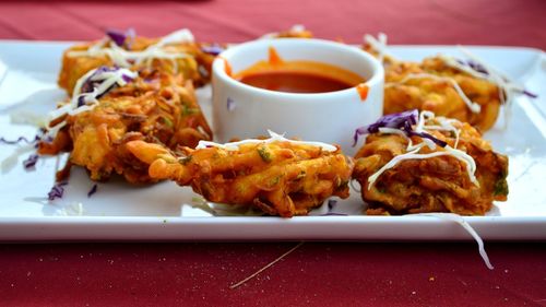 Close-up of served food in plate