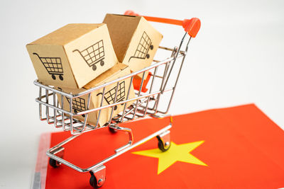 Close-up of shopping cart against white background
