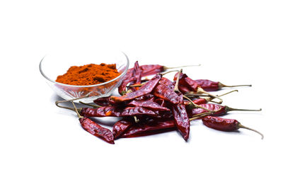 Close-up of red chili pepper against white background