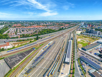 High angle view of cityscape against sky