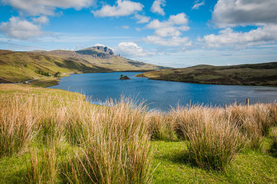 Beautiful view of loch leathan and old man of storr rock formations, isle of skye, scotland