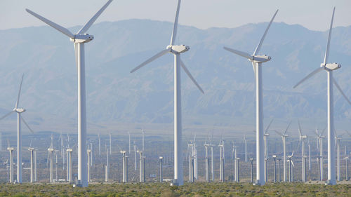 Windmills on field against sky