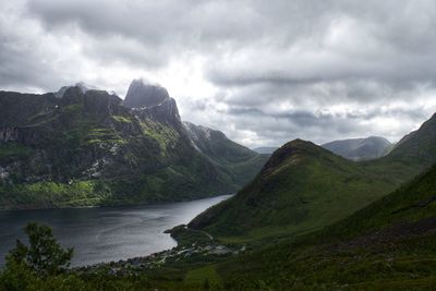 Scenic view of river and mountains against sky