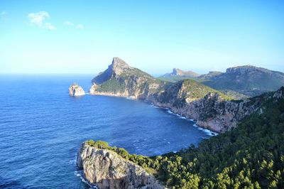 Scenic view of sea and mountains against sky