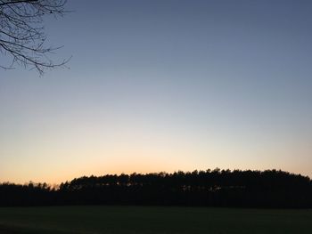 Silhouette trees on field against clear sky during sunset