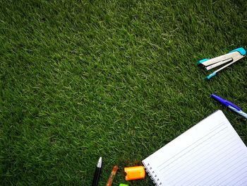 Directly above shot of office supplies on grassy field