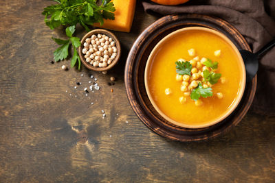 High angle view of soup in bowl on table