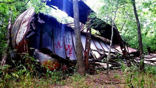 Abandoned built structure with trees in foreground