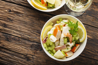 High angle view of salad in bowl on table