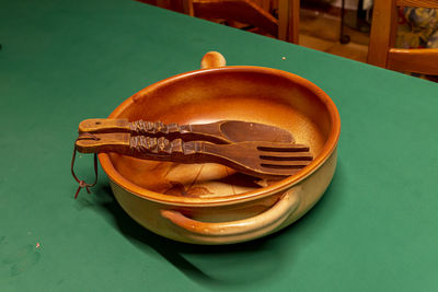 High angle view of bread in bowl on table