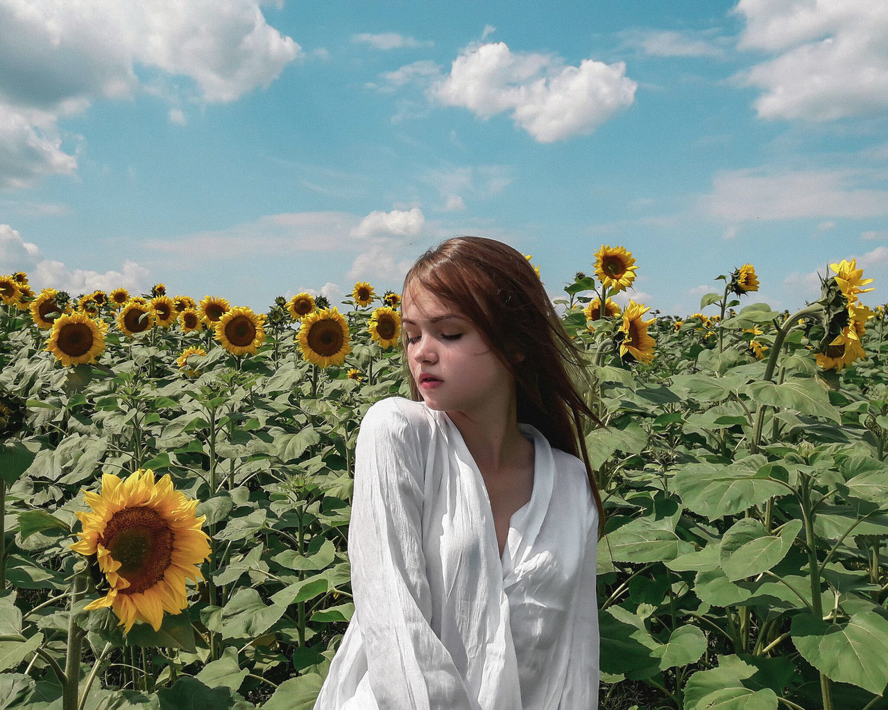 one person, plant, flower, flowering plant, lifestyles, real people, leisure activity, cloud - sky, beauty in nature, growth, nature, sky, freshness, young women, young adult, waist up, women, standing, vulnerability, hair, hairstyle, yellow, flower head, sunflower, outdoors, beautiful woman