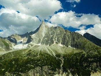 Low angle view of snowcapped mountains against sky