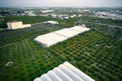 High angle view of buildings in city