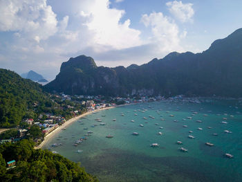 Scenic view of sea and mountains against sky