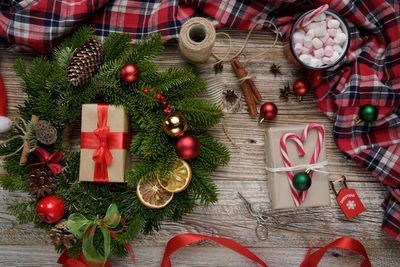 Directly above shot of christmas decorations on table