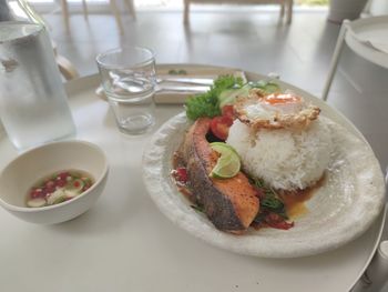 High angle view of food served on table