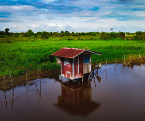 House on lake against sky