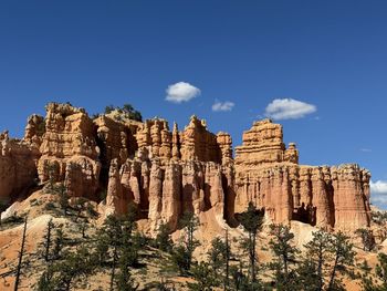 Low angle view of rock formations against clear blue sky