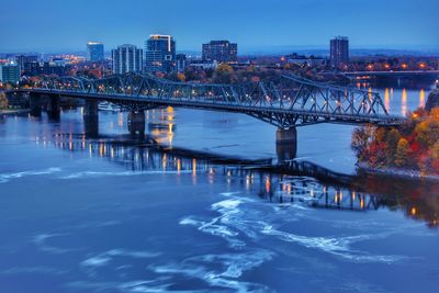 Bridge over river in city at dusk